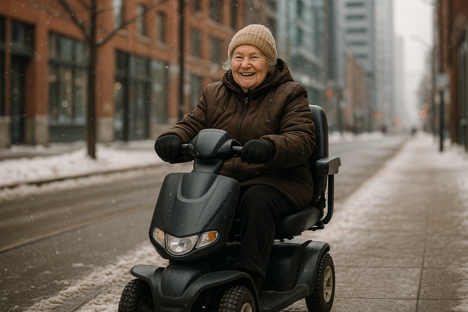 Smiling senior riding a four-wheel mobility scooter on a snowy downtown Toronto sidewalk in winter