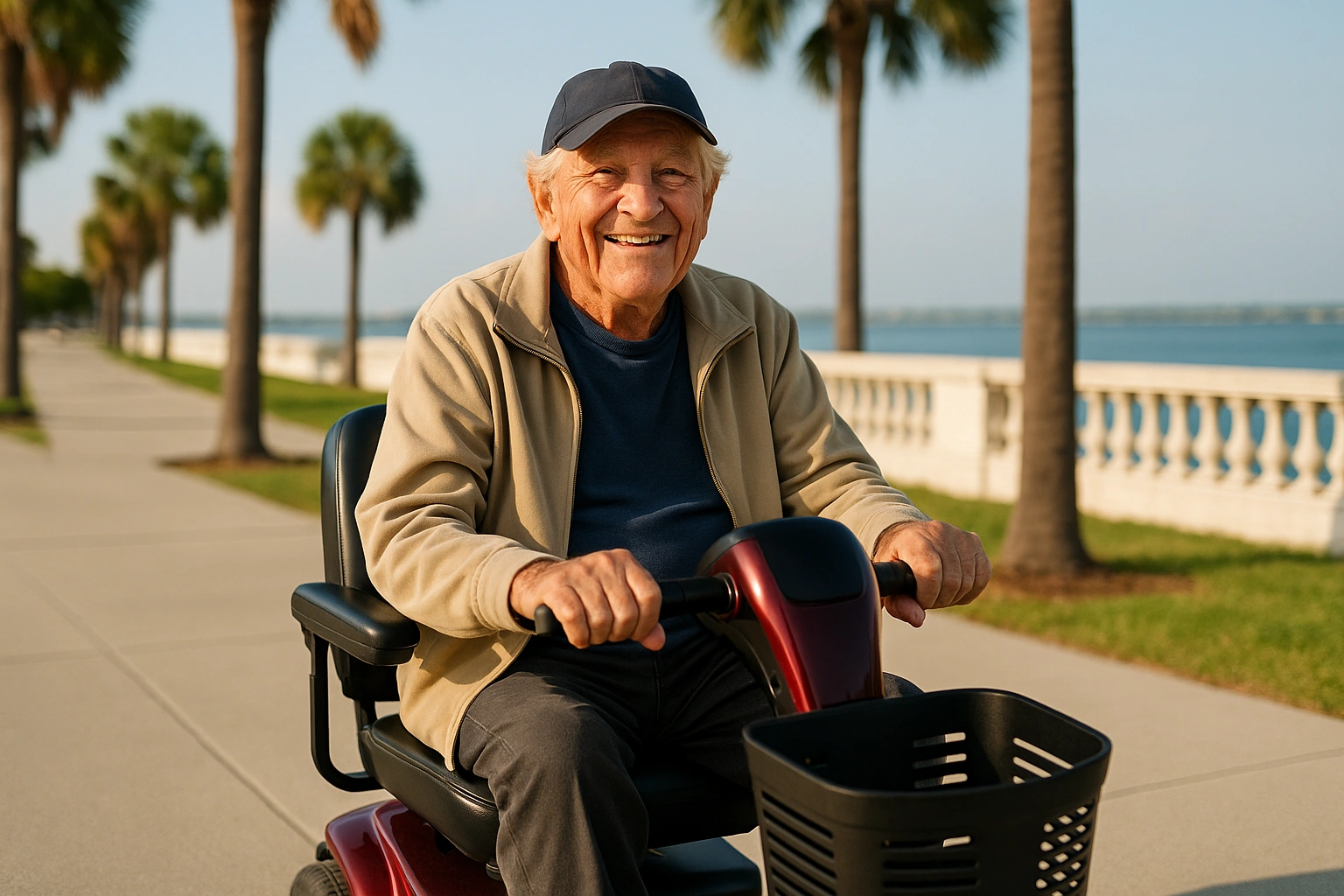 Smiling senior riding a mobility scooter on Tampa's Bayshore Boulevard waterfront sidewalk with palm trees and Hillsborough Bay behind