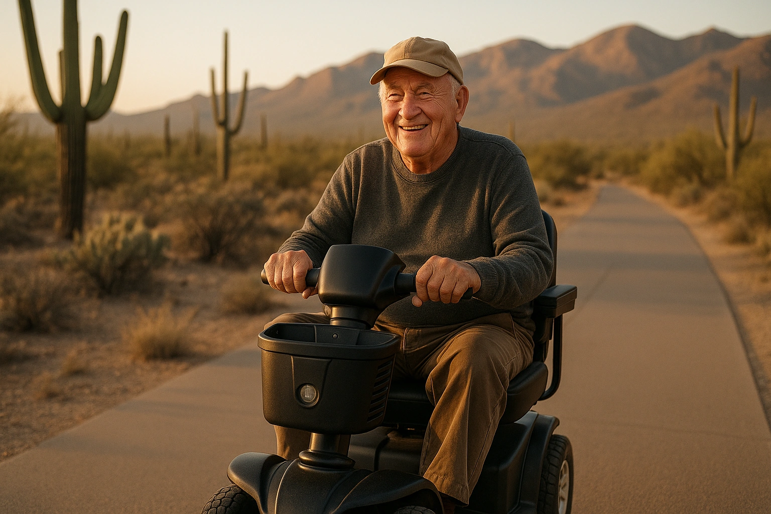 Smiling senior man riding a four-wheel mobility scooter along a wide smooth car-free paved path through the Sonoran Desert near Tucson at golden early morning, with saguaro cacti and dry rocky mountains in the distance