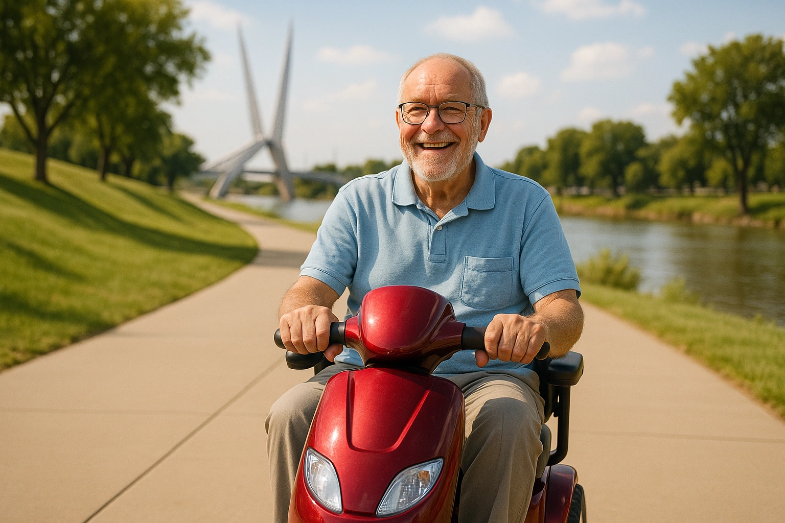 Senior man riding a red three-wheel mobility scooter along a wide smooth curving paved path in a modern riverside park in Tulsa, Oklahoma, with landscaped green mounds, a sculptural pedestrian bridge, leafy trees and the Arkansas River under a bright sunny sky