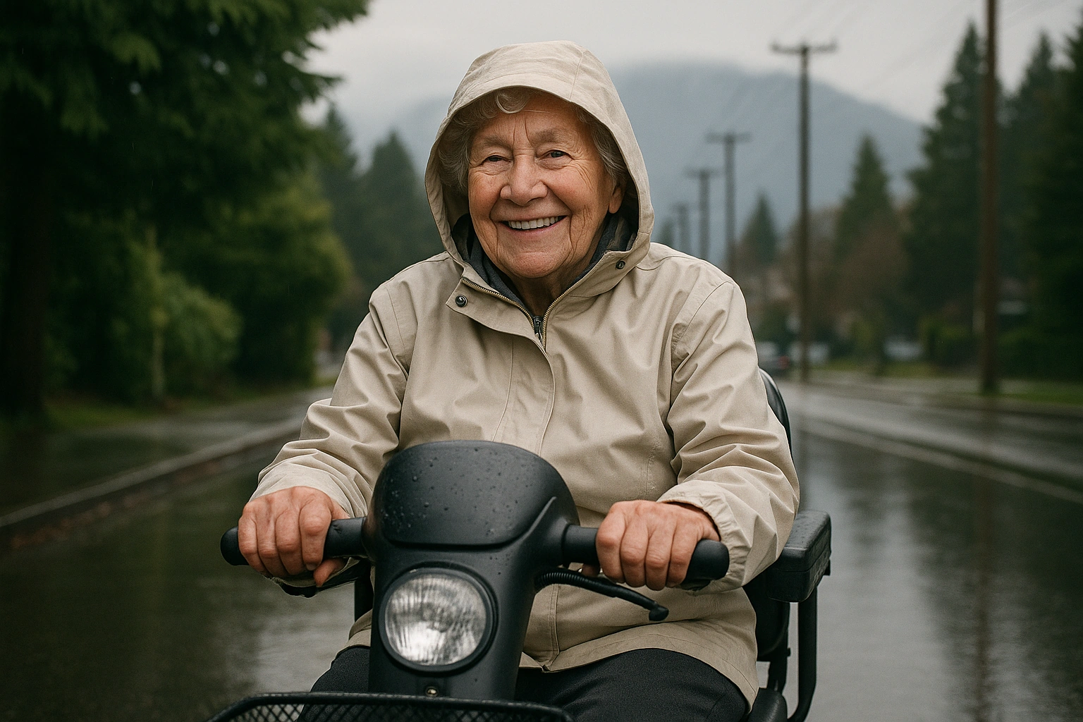 Smiling senior riding a mobility scooter on a rainy Vancouver street with wet pavement and the North Shore mountains behind