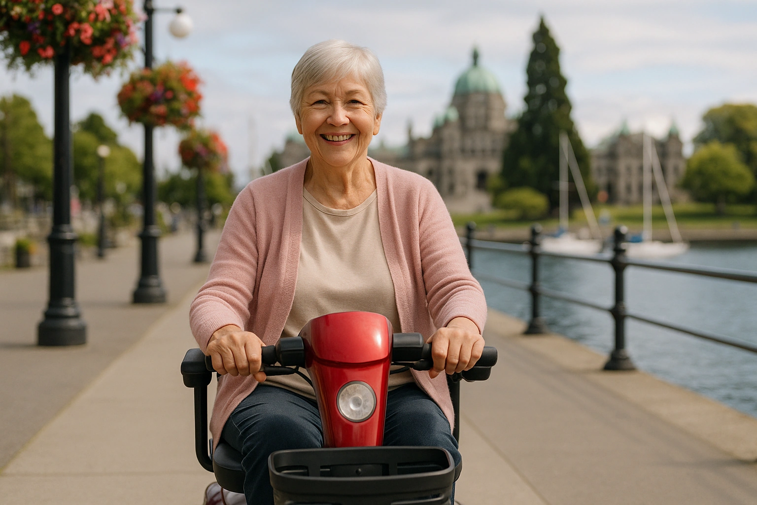 Senior woman in a rose cardigan riding a red four-wheel mobility scooter along a smooth paved harbourfront walkway lined with hanging flower baskets in Victoria, British Columbia, with a calm blue harbour, sailboats and a grand historic domed stone building under a mild bright sky