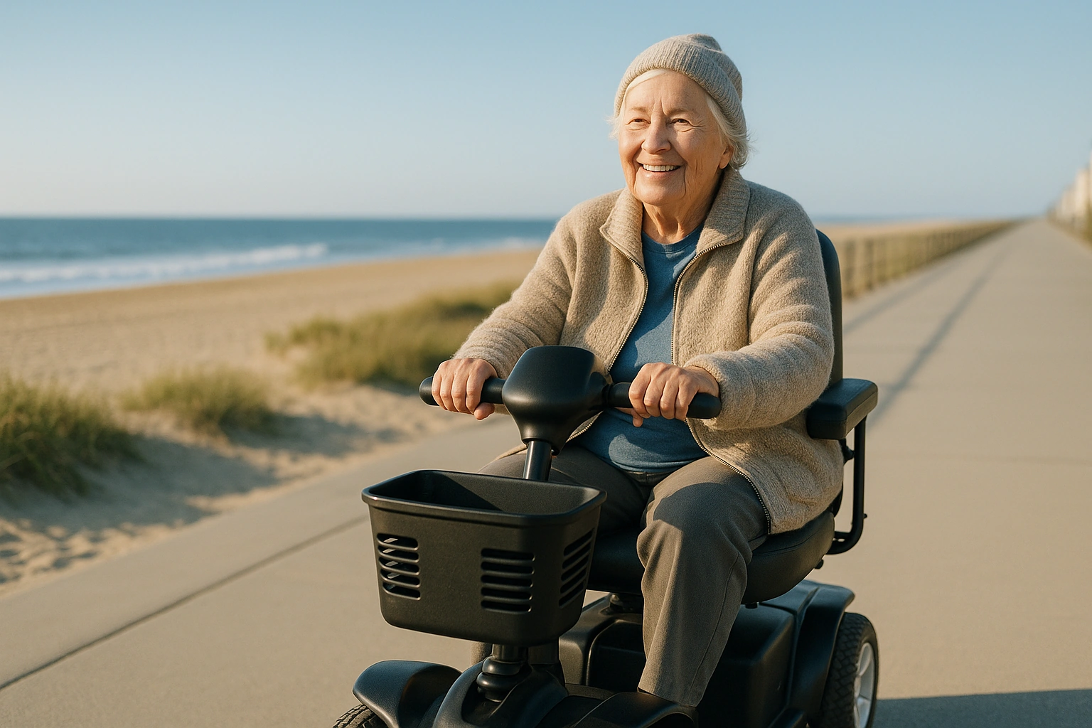Smiling senior woman riding a four-wheel mobility scooter along a wide flat paved oceanfront boardwalk in Virginia Beach, with the Atlantic ocean and sand alongside and low dunes with sea grass
