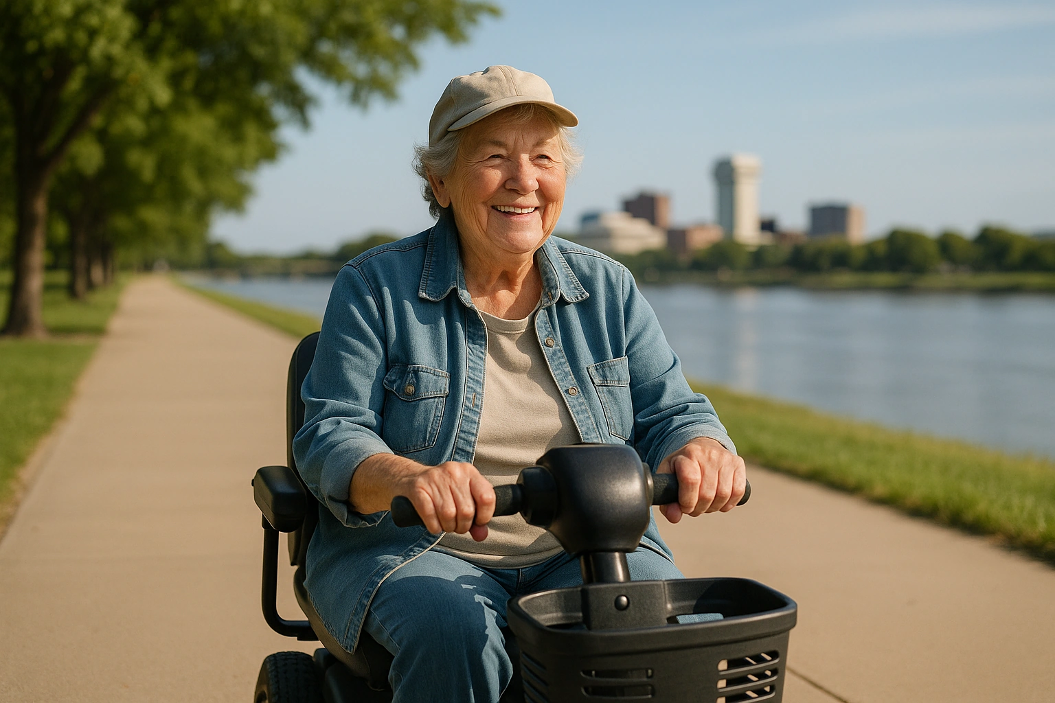 Smiling senior woman riding a four-wheel mobility scooter along a wide flat paved riverside path beside the Arkansas River in downtown Wichita, Kansas, with green trees and open prairie sky on a clear morning