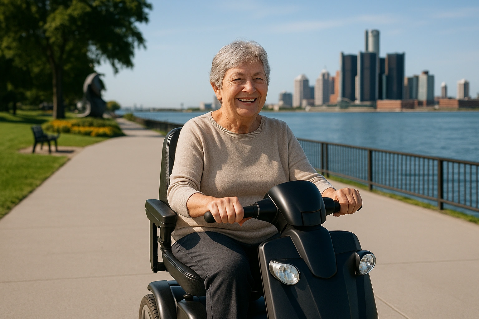 Senior woman with short grey hair riding a modern mobility scooter on a wide smooth paved riverfront promenade along the Detroit River in Windsor, Ontario, with green parkland and a sculpture beside the path and the Detroit skyline across the calm blue river under a bright sunny sky