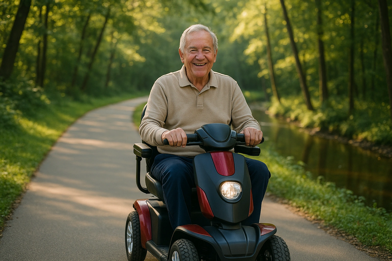 Senior man with grey hair riding a modern mobility scooter on a smooth wide paved greenway path beside a creek through green Piedmont woodland in Winston-Salem, North Carolina, in dappled golden morning sunlight