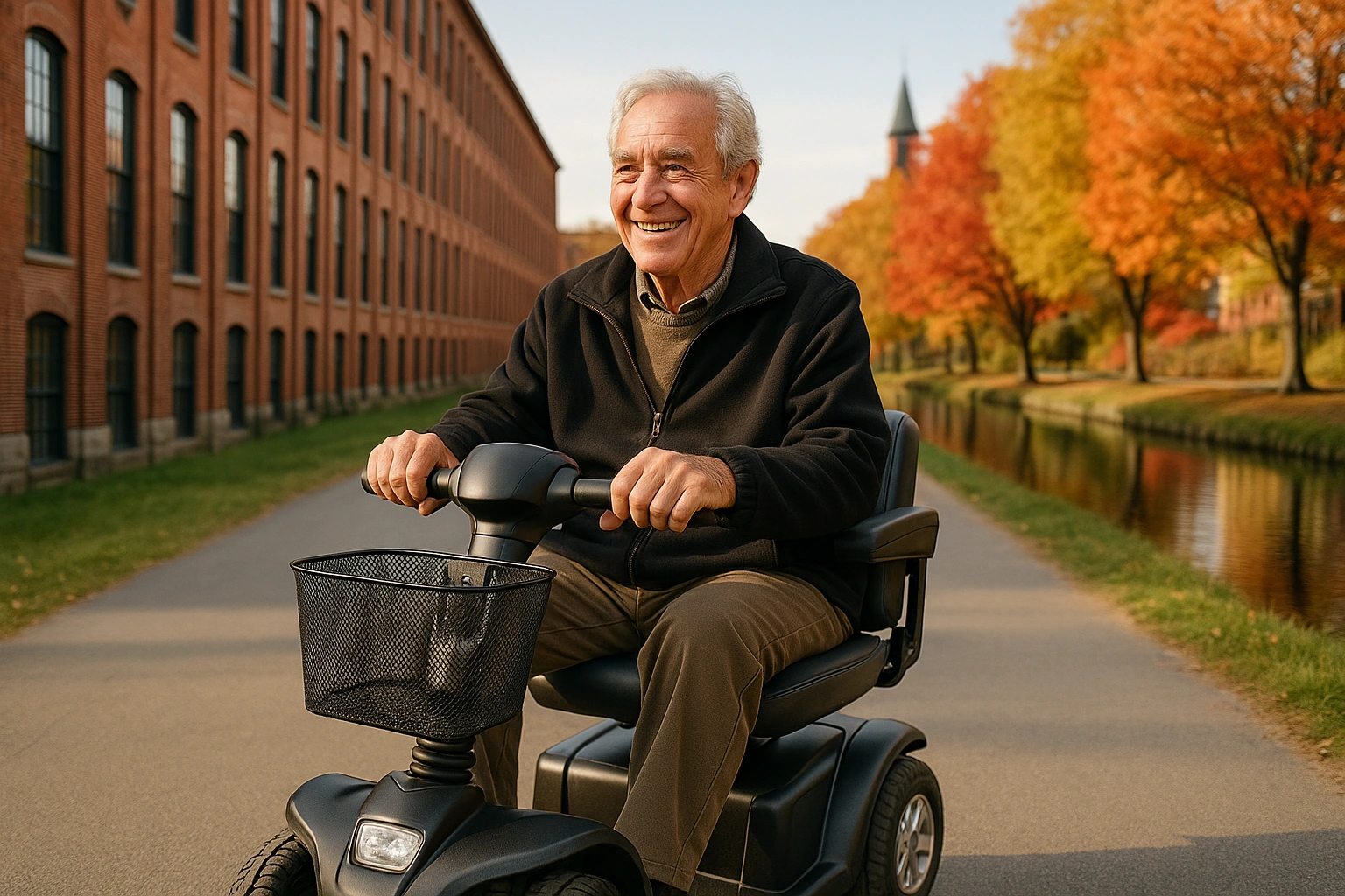 Senior man with grey hair riding a modern four-wheel mobility scooter on a smooth paved greenway path beside a historic red-brick New England mill and a calm canal in Worcester, Massachusetts, with autumn foliage in red and gold