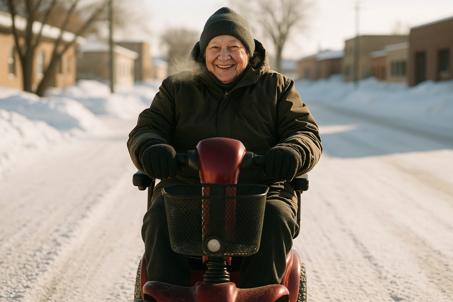 Smiling senior in a heavy parka riding a mobility scooter on a snowy Winnipeg street in deep winter