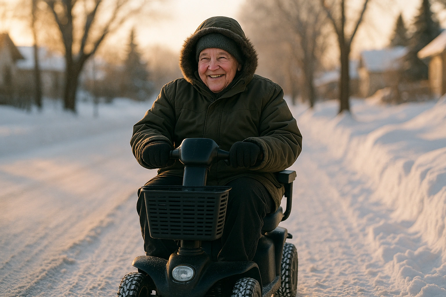 Smiling senior in a heavy parka riding a mobility scooter on a snow-covered Edmonton street in deep winter