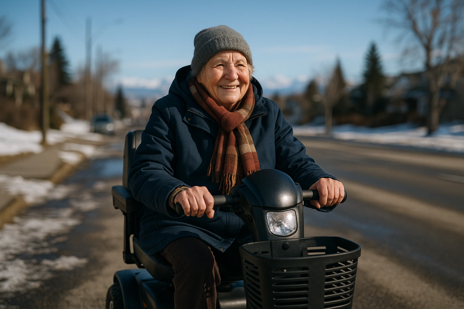 Smiling senior riding a mobility scooter on a Calgary street in winter with the Rocky Mountain foothills behind