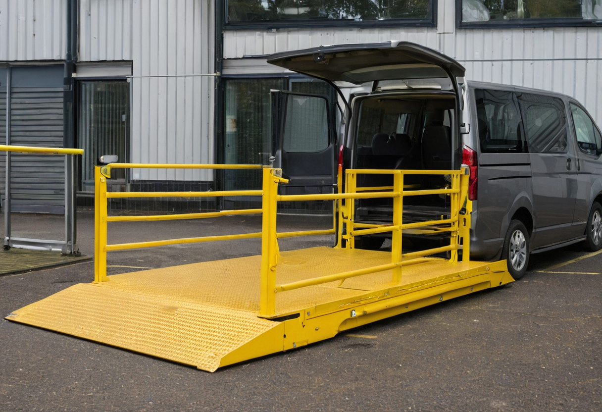 Vehicle wheelchair lift platform extended from the rear of a van, with side barriers raised