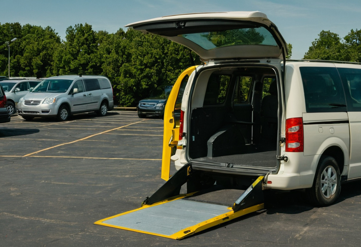 Accessible van in a parking lot with its rear wheelchair lift platform lowered to the ground