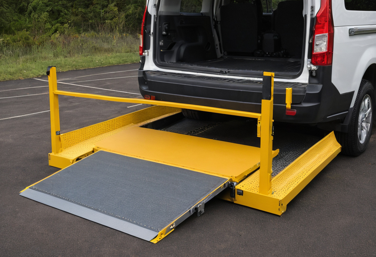 Vehicle wheelchair lift deployed at the rear of a van, platform level with the ground and the outer ramp lowered