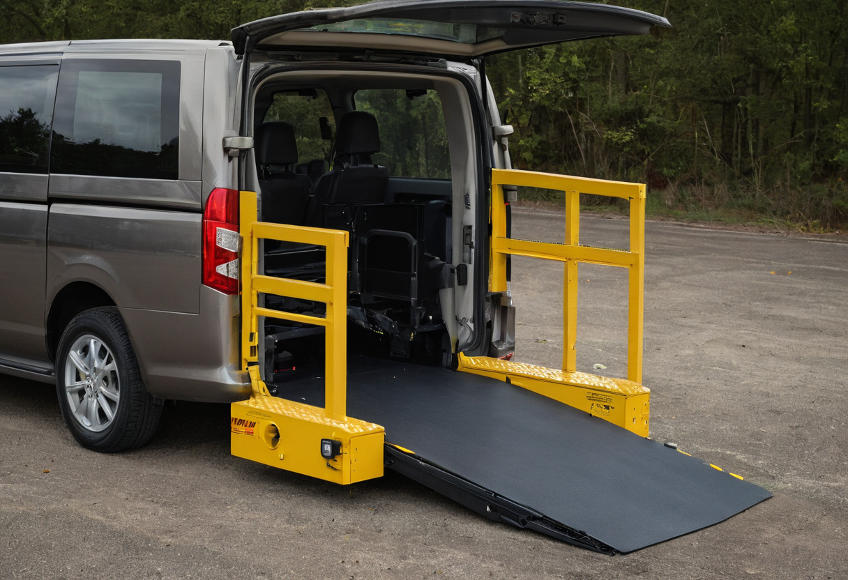 Vehicle wheelchair lift with yellow side barriers at the rear of a van, platform lowered with its outer ramp down to the ground