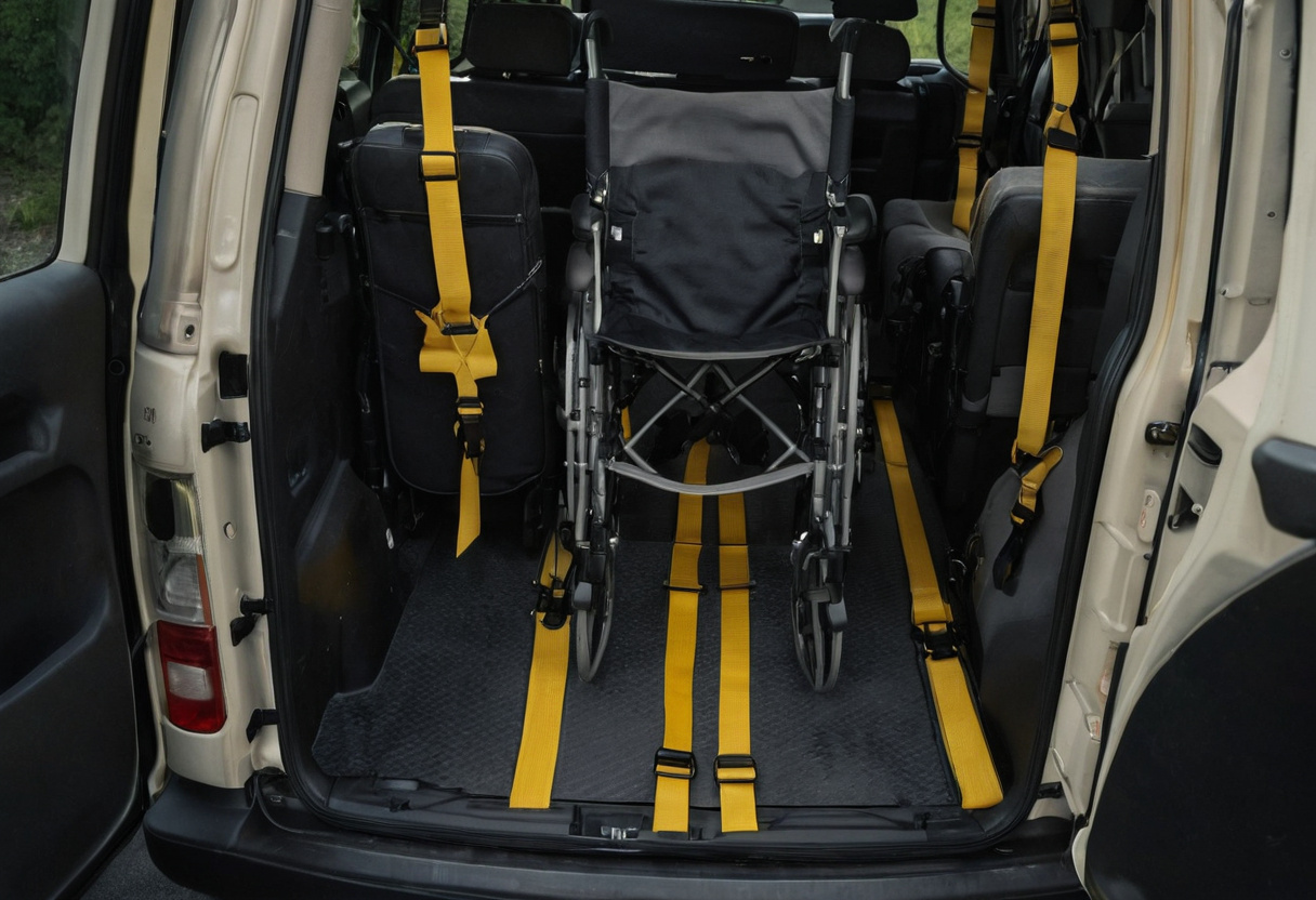 Wheelchair secured inside a van by four tie-down straps anchored to the floor