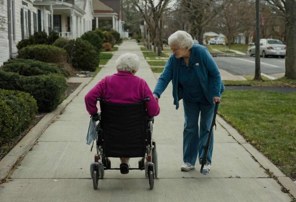 Older woman seated in a transport chair with four small wheels, on a suburban sidewalk with a companion walking alongside