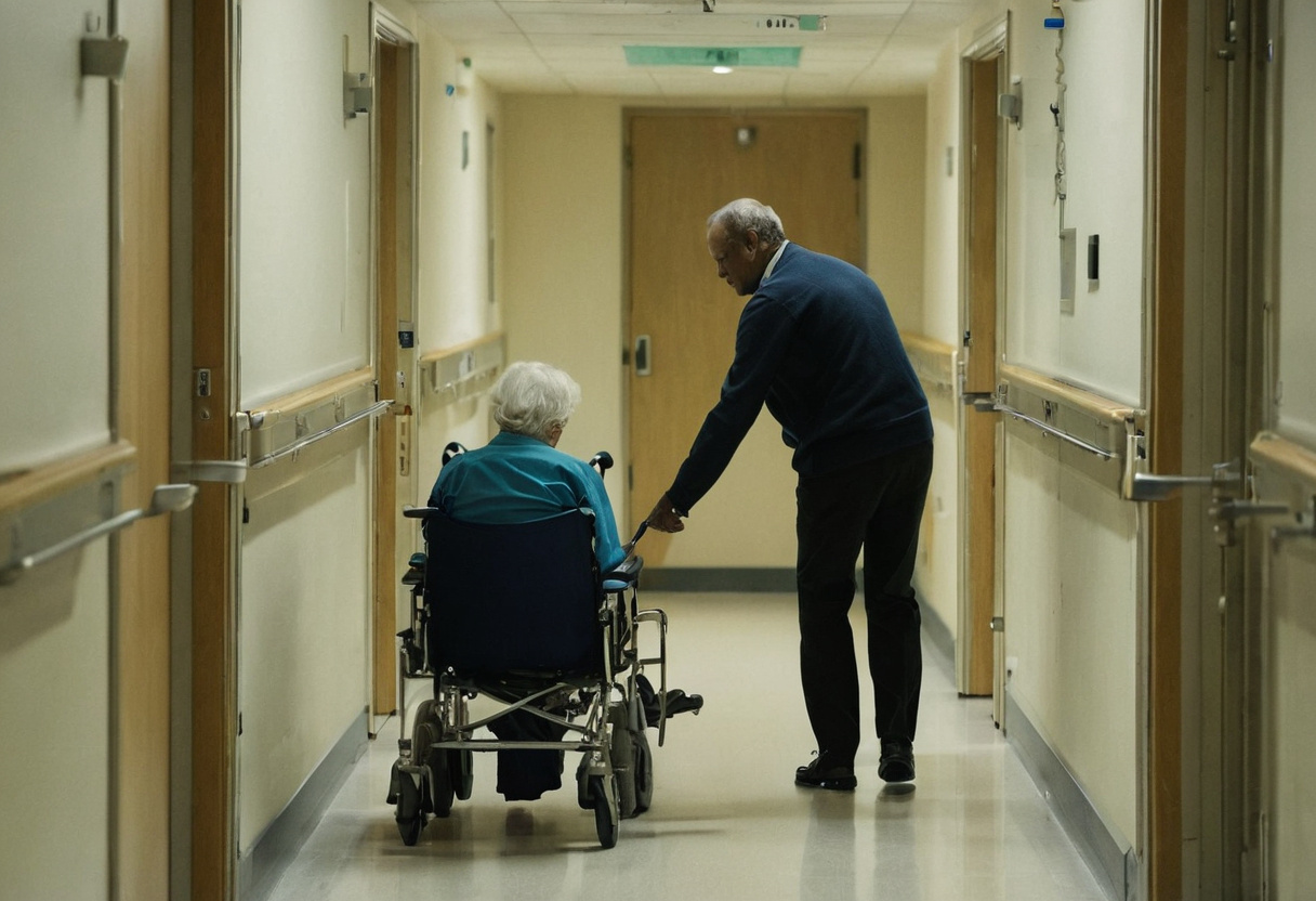 Transport chair with four small wheels being positioned by an attendant in a care facility corridor